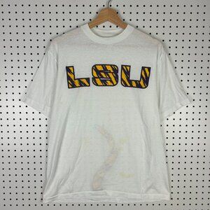 LSU‎ Tigers Vtg T Shirt Small Tiger Tail Puff Print Hanes White Purple Gold READ